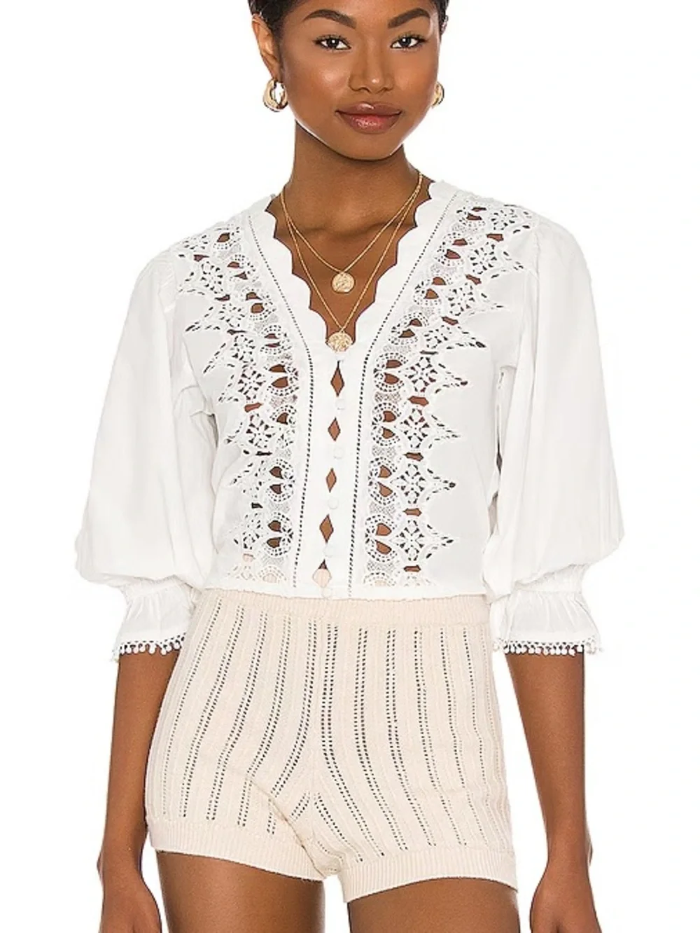 Free People Louella White Crochet Detail V-Neck Top